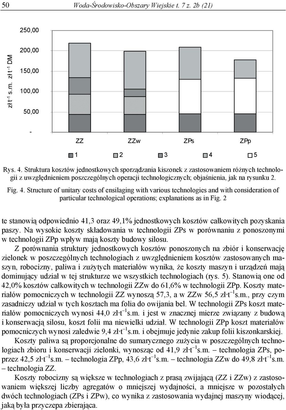 2 te stanowią odpowiednio 41,3 oraz 49,1% jednostkowych kosztów całkowitych pozyskania paszy.