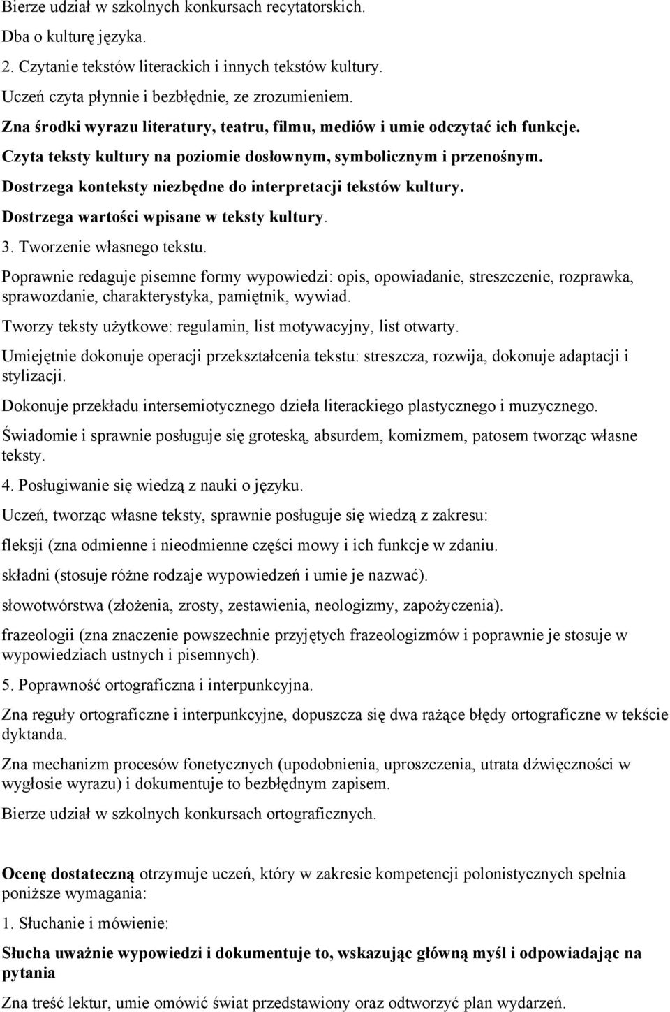 Dostrzega konteksty niezbędne do interpretacji tekstów kultury. Dostrzega wartości wpisane w teksty kultury. 3. Tworzenie własnego tekstu.