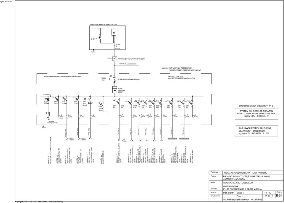 dwg OBWÓD nr 6 DOBEZPIECZENIE 1 FR 0 6A P04 25A 0mA PPOŻ. OBWÓD nr 7 WYPUST KUCHNIA ELEKTR.