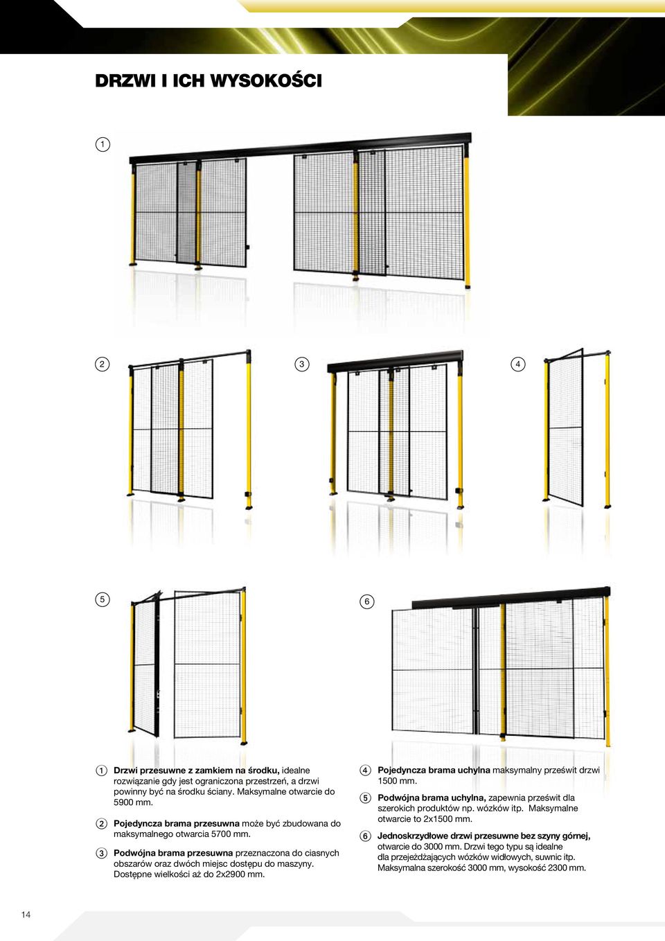 Dostępne wielkości aż do 2x2900 mm. 4 Pojedyncza brama uchylna maksymalny prześwit drzwi 1500 mm. 5 Podwójna brama uchylna, zapewnia prześwit dla szerokich produktów np. wózków itp.