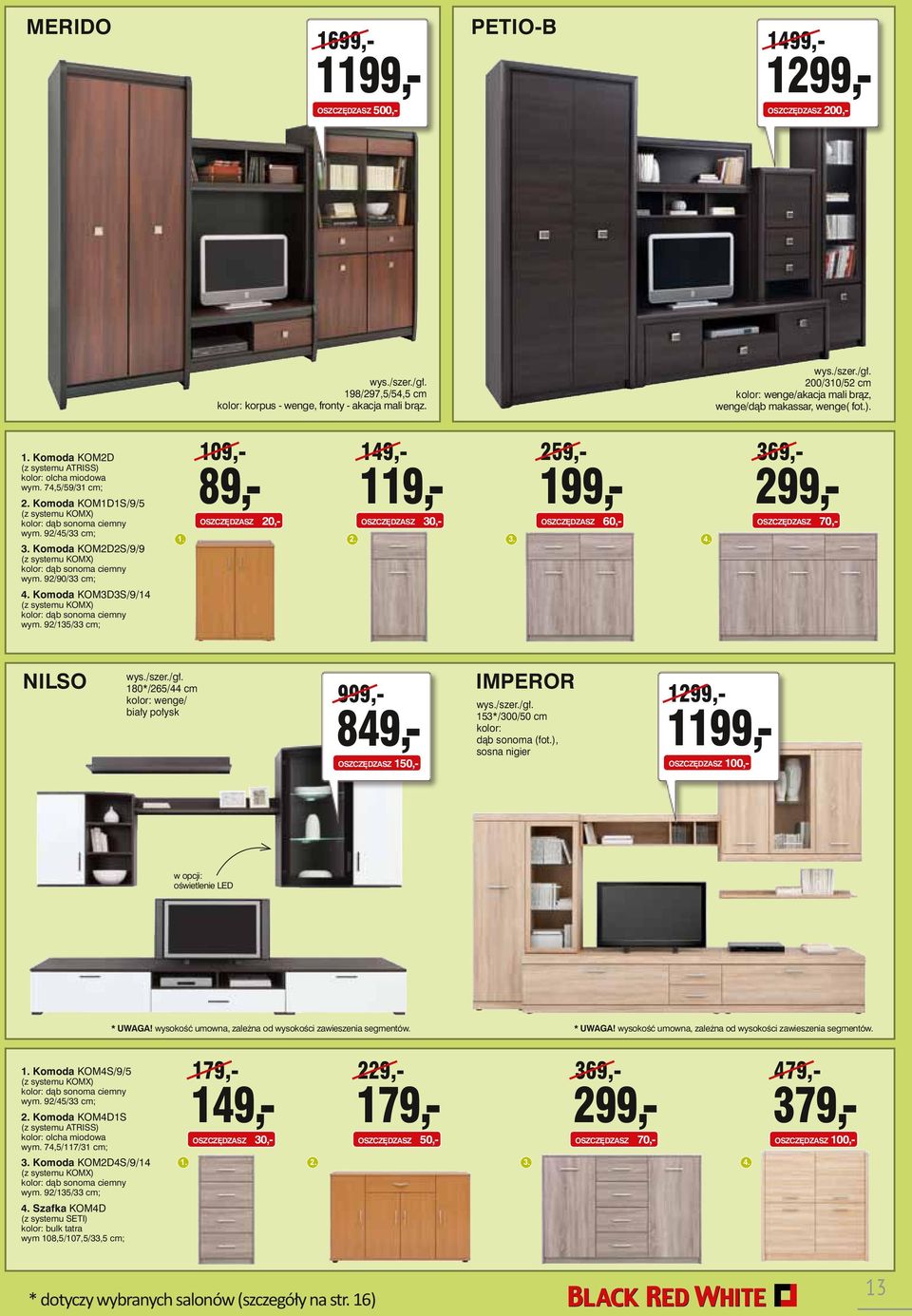 74,5/59/31 cm; Komoda KOM1D1S/9/5 (z systemu KOMX) kolor: dąb sonoma ciemny wym. 92/45/33 cm; 3. Komoda KOM2D2S/9/9 (z systemu KOMX) kolor: dąb sonoma ciemny wym. 92/90/33 cm; 4.