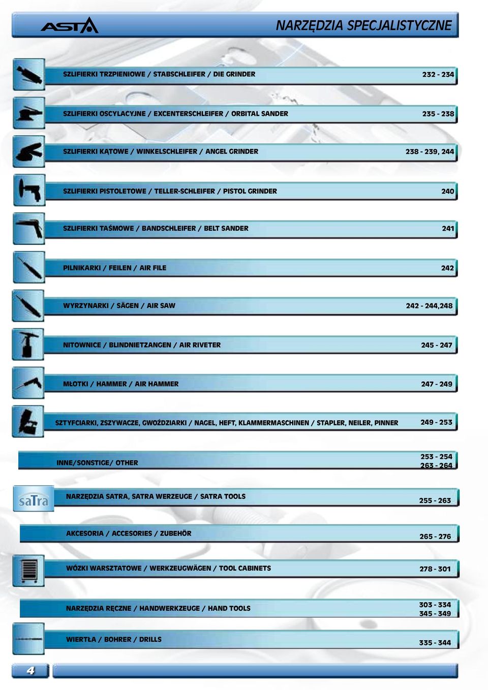 SAW 242-244,248 NITOWNICE / BLINDNIETZANGEN / AIR RIVETER 245-247 MŁOTKI / HAMMER / AIR HAMMER 247-249 SZTYFCIARKI, ZSZYWACZE, GWOŹDZIARKI / NAGEL, HEFT, KLAMMERMASCHINEN / STAPLER, NEILER, PINNER