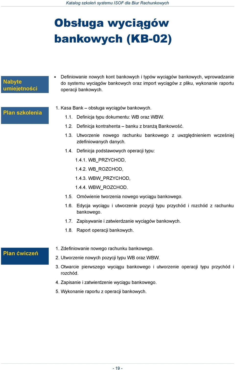 Utworzenie nowego rachunku bankowego z uwzględnieniem wcześniej zdefiniowanych danych. 1.4. Definicja podstawowych operacji typu: 1.4.1. WB_PRZYCHOD, 1.4.2. WB_ROZCHOD, 1.4.3. WBW_PRZYCHOD, 1.4.4. WBW_ROZCHOD.