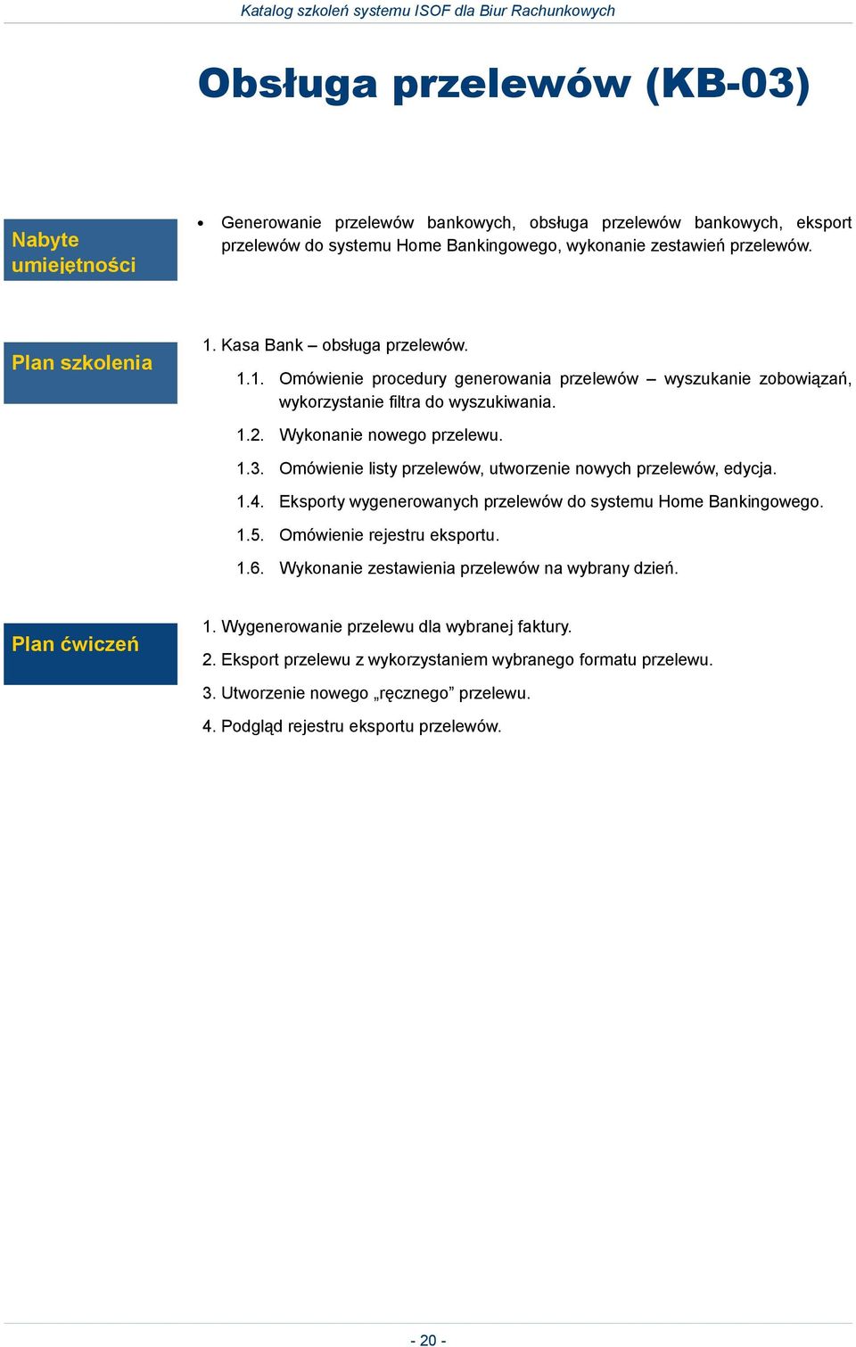 Omówienie listy przelewów, utworzenie nowych przelewów, edycja. 1.4. Eksporty wygenerowanych przelewów do systemu Home Bankingowego. 1.5. Omówienie rejestru eksportu. 1.6.