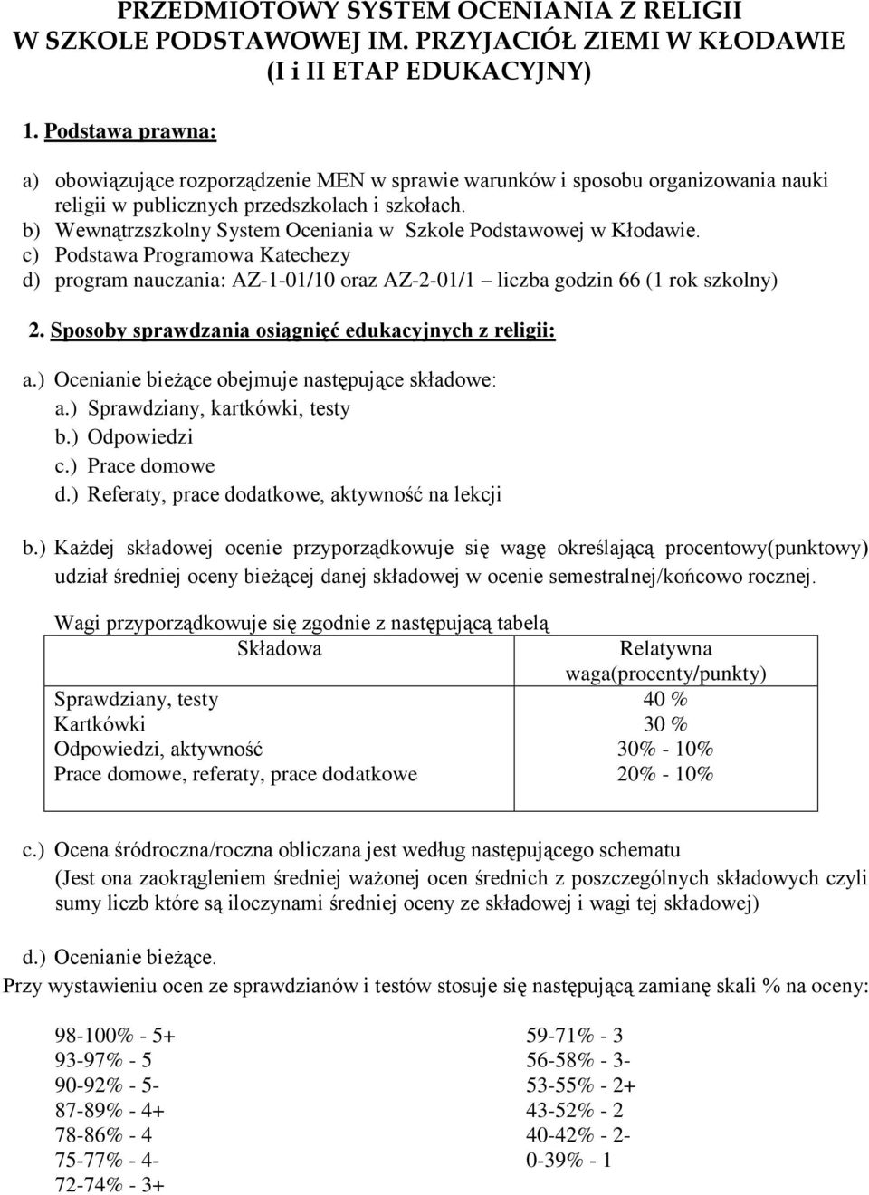 b) Wewnątrzszkolny System Oceniania w Szkole Podstawowej w Kłodawie. c) Podstawa Programowa Katechezy d) program nauczania: AZ-1-01/10 oraz AZ-2-01/1 liczba godzin 66 (1 rok szkolny) 2.