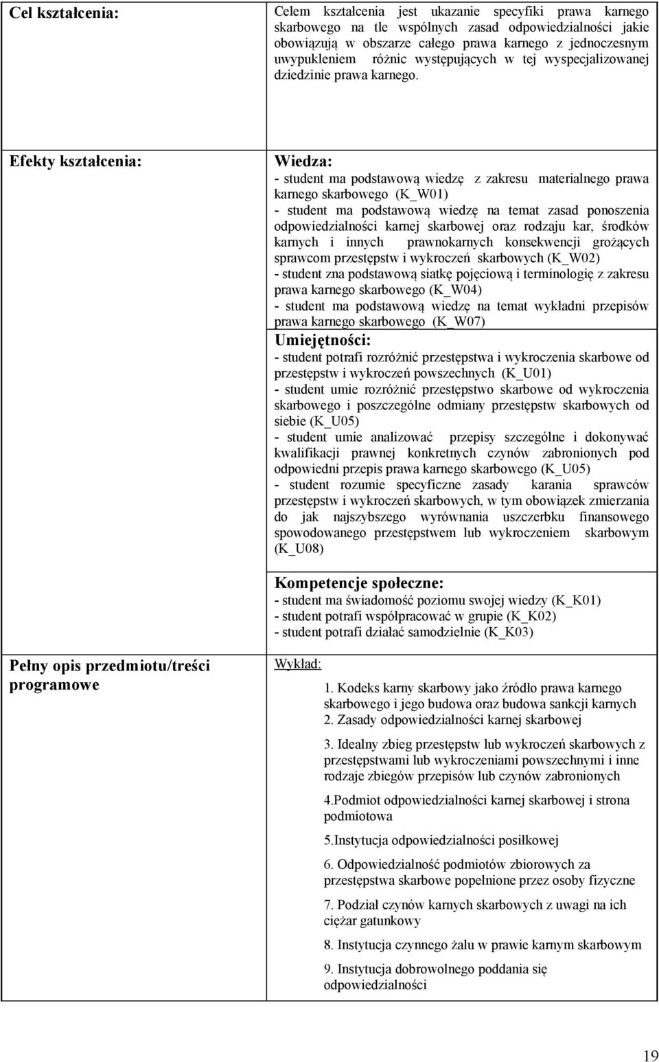 Efekty kształcenia: Wiedza: - student ma podstawową wiedzę z zakresu materialnego prawa karnego skarbowego (K_W01) - student ma podstawową wiedzę na temat zasad ponoszenia odpowiedzialności karnej