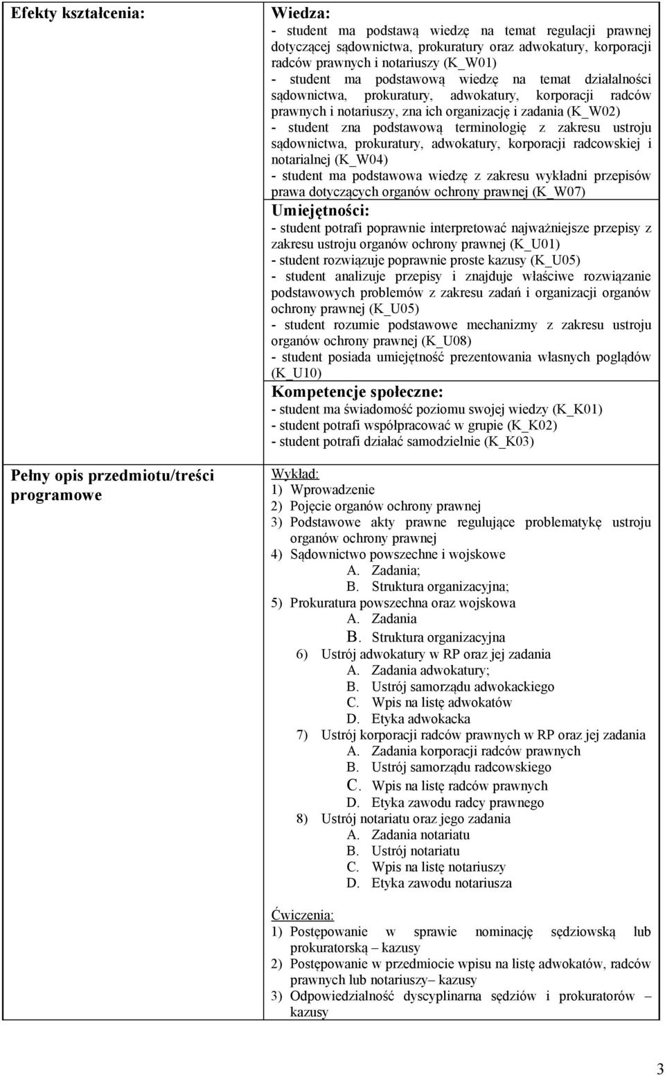 - student zna podstawową terminologię z zakresu ustroju sądownictwa, prokuratury, adwokatury, korporacji radcowskiej i notarialnej (K_W04) - student ma podstawowa wiedzę z zakresu wykładni przepisów