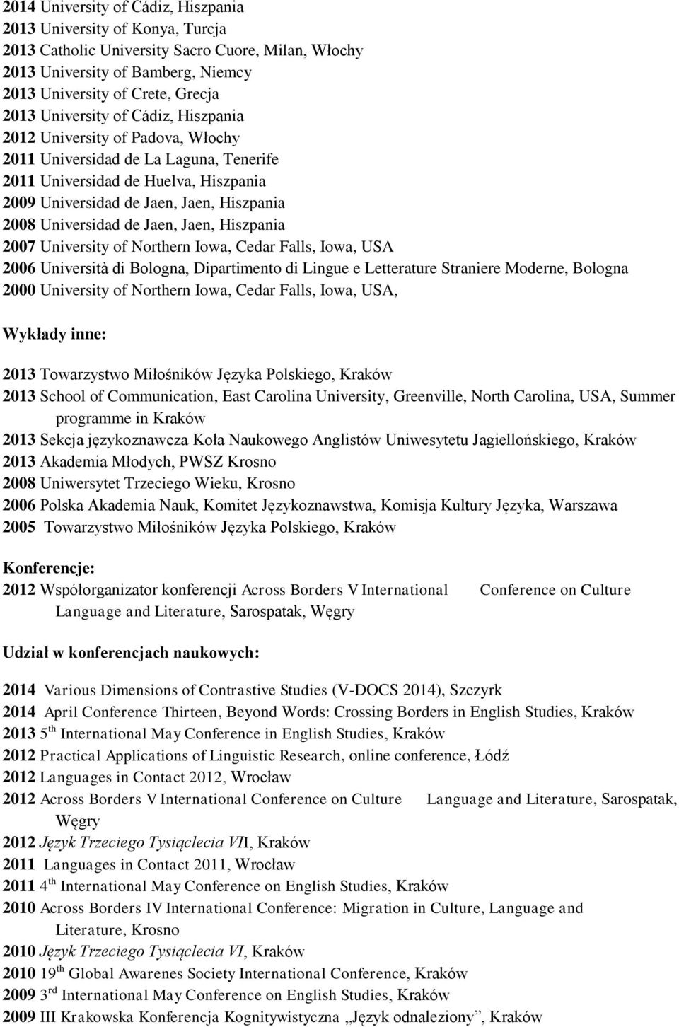 Universidad de Jaen, Jaen, Hiszpania 2007 University of Northern Iowa, Cedar Falls, Iowa, USA 2006 Università di Bologna, Dipartimento di Lingue e Letterature Straniere Moderne, Bologna 2000