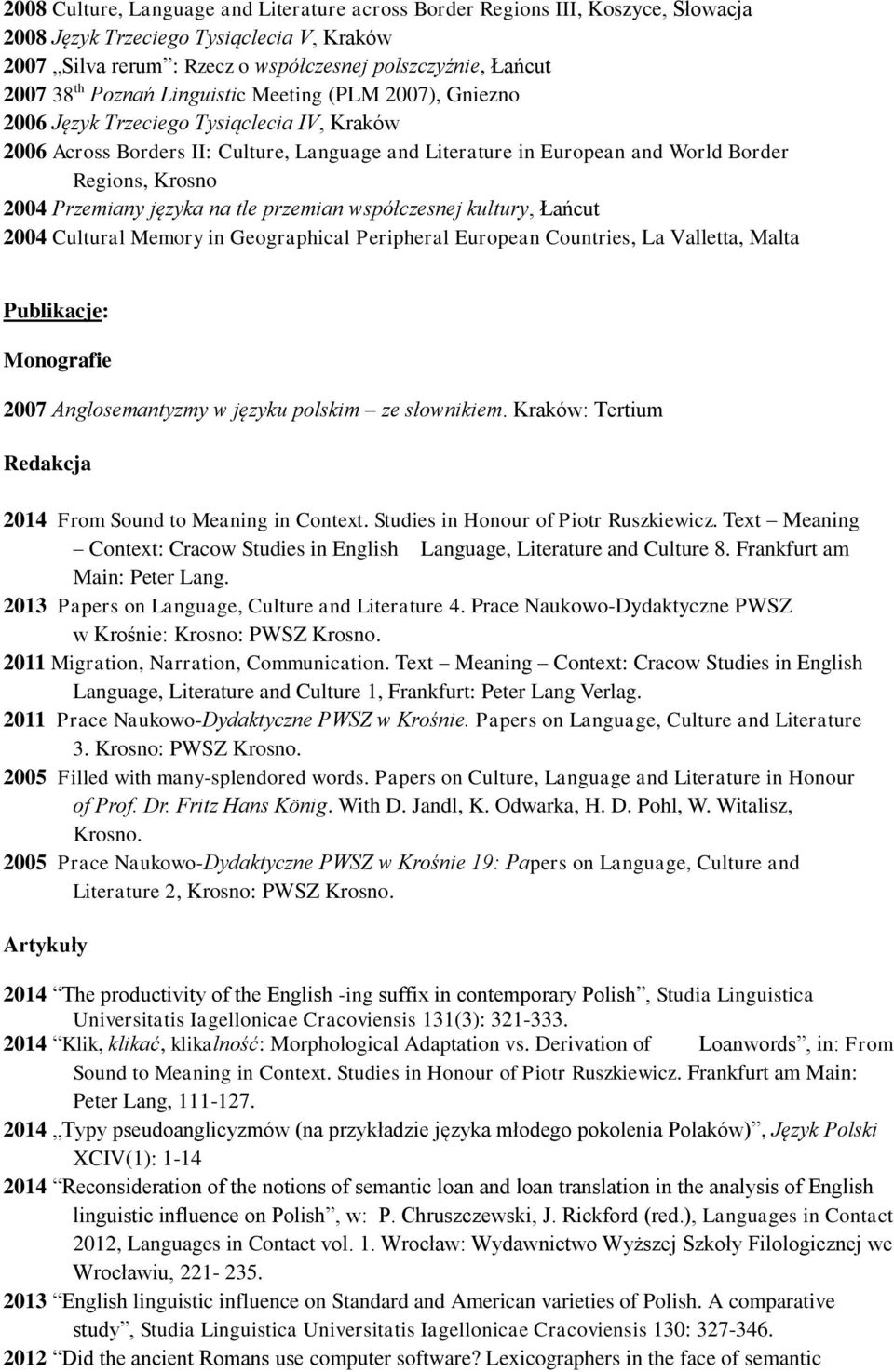 Przemiany języka na tle przemian współczesnej kultury, Łańcut 2004 Cultural Memory in Geographical Peripheral European Countries, La Valletta, Malta Publikacje: Monografie 2007 Anglosemantyzmy w