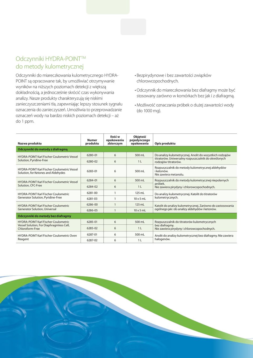 Umożliwia to przeprowadzanie oznaczeń wody na bardzo niskich poziomach detekcji aż do 1 ppm. Bezpirydynowe i bez zawartości związków chlorowcopochodnych.