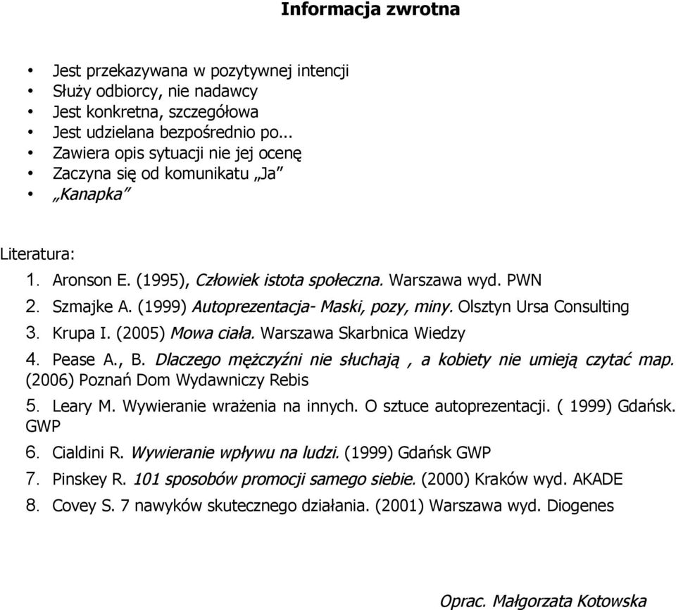 (1999) Autoprezentacja- Maski, pozy, miny. Olsztyn Ursa Consulting 3. Krupa I. (2005) Mowa ciała. Warszawa Skarbnica Wiedzy 4. Pease A., B.