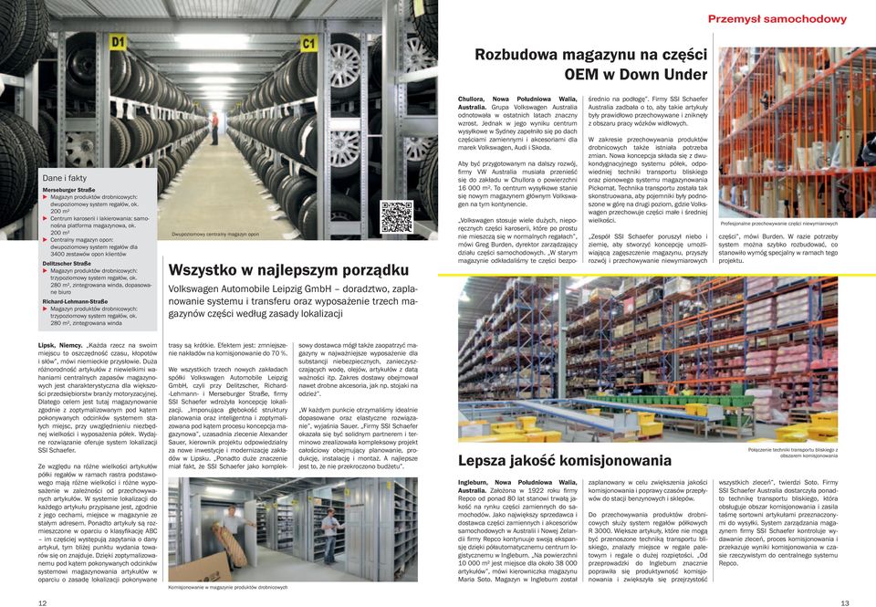 200 m² Centralny magazyn opon: dwupoziomowy system regałów dla 3400 zestawów opon klientów Delitzscher Straße Magazyn produktów drobnicowych: trzypoziomowy system regałów, ok.