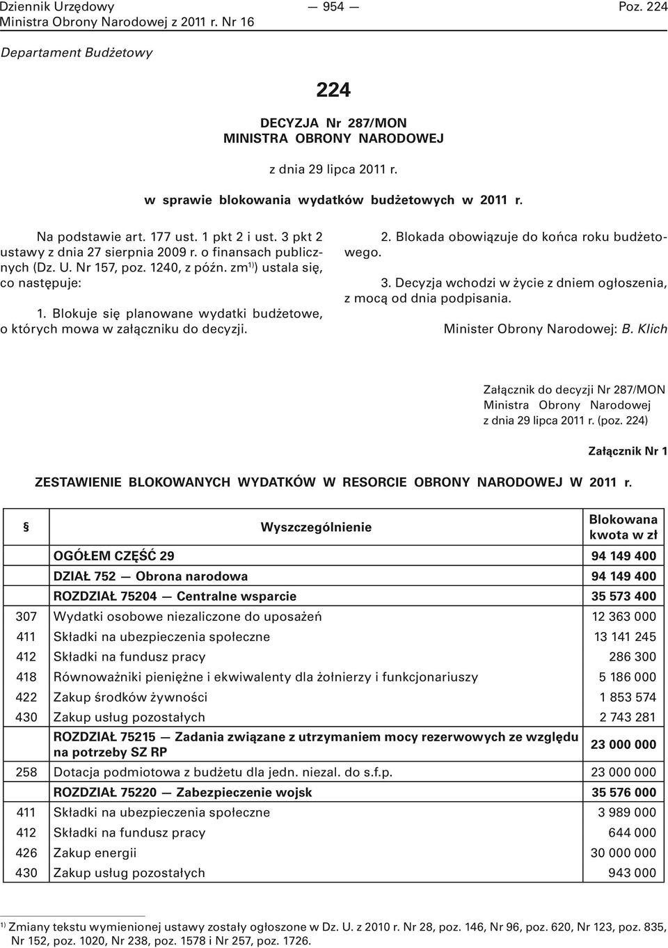 Blokuje się planowane wydatki budżetowe, o których mowa w załączniku do decyzji. 2. Blokada obowiązuje do końca roku budżetowego. 3.