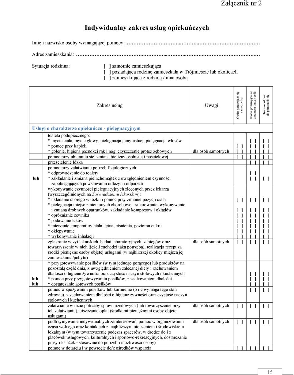 samodzielna Osoba poruszająca się z pomocą innych osób Osoba niezdolna do poruszania się Usługi o charakterze opiekuńczo - pielęgnacyjnym lub lub lub toaleta podopiecznego: * mycie ciała, mycie