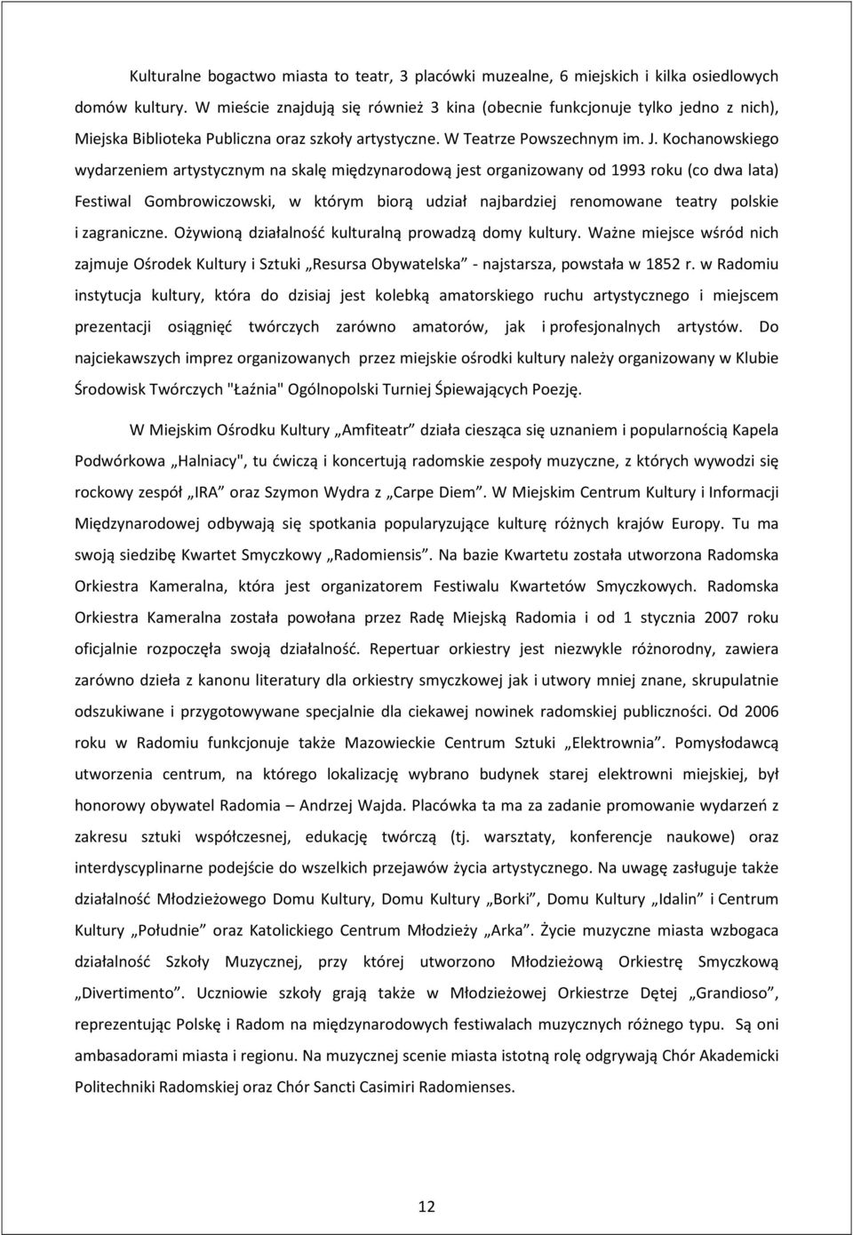 Kochanowskiego wydarzeniem artystycznym na skalę międzynarodową jest organizowany od 1993 roku (co dwa lata) Festiwal Gombrowiczowski, w którym biorą udział najbardziej renomowane teatry polskie i