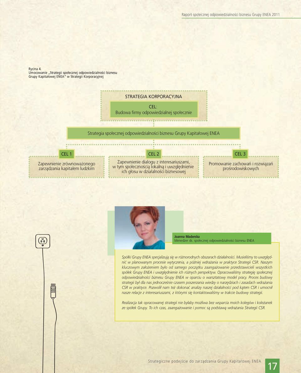 odpowiedzialności biznesu Grupy Kapita³owej ENEA CEL 1 CEL 2 CEL 3 Zapewnienie zrównowa onego zarz¹dzania kapita³em ludzkim Zapewnienie dialogu z interesariuszami, w tym spo³eczności¹ lokaln¹ i