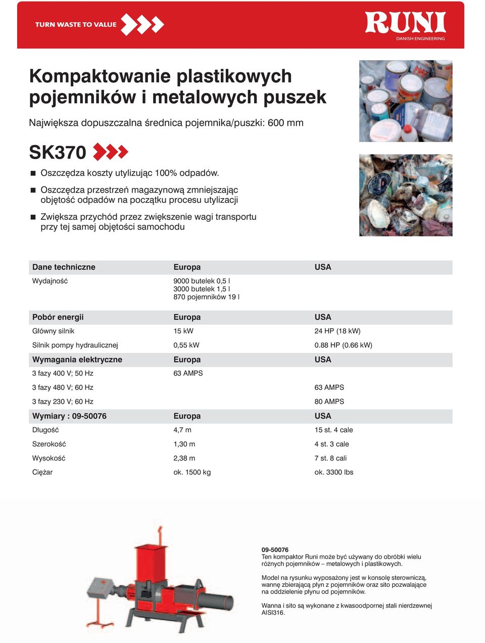 Europa USA Wydajność 9000 butelek 0,5 l 3000 butelek 1,5 l 870 pojemników 19 l Pobór energii Europa USA Główny silnik 15 kw 24 HP (18 kw) Silnik pompy hydraulicznej 0,55 kw 0.88 HP (0.