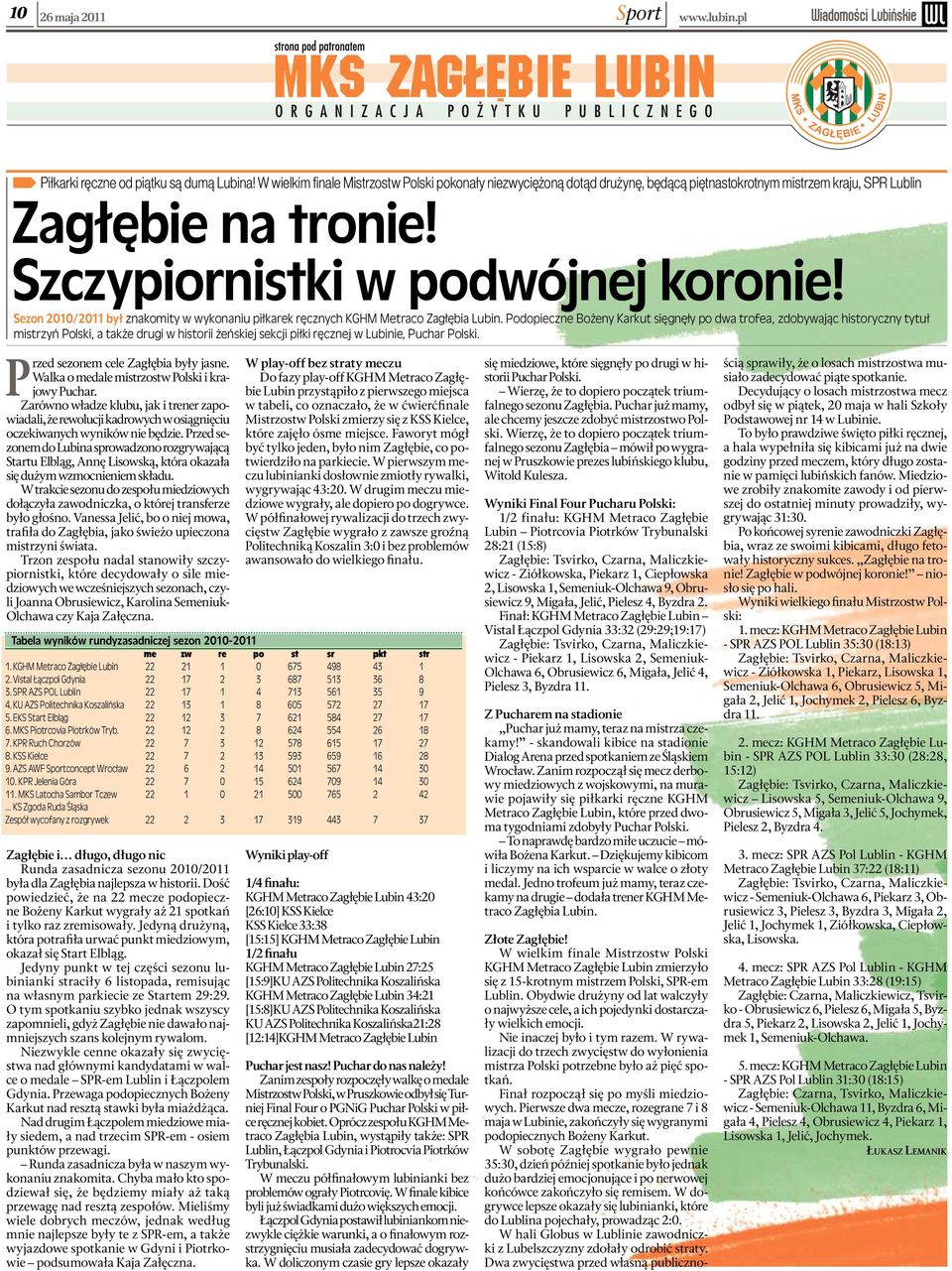 Sezon 2010/2011 był znakomity w wykonaniu piłkarek ręcznych KGHM Metraco Zagłębia Lubin.