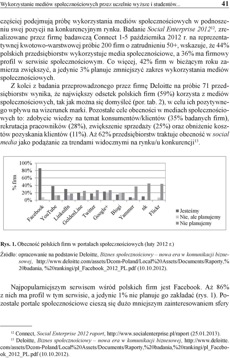 na reprezentatywnej kwotowo-warstwowej próbie 200 firm o zatrudnieniu 50+, wskazuje, że 44% polskich przedsiębiorstw wykorzystuje media społecznościowe, a 36% ma firmowy profil w serwisie