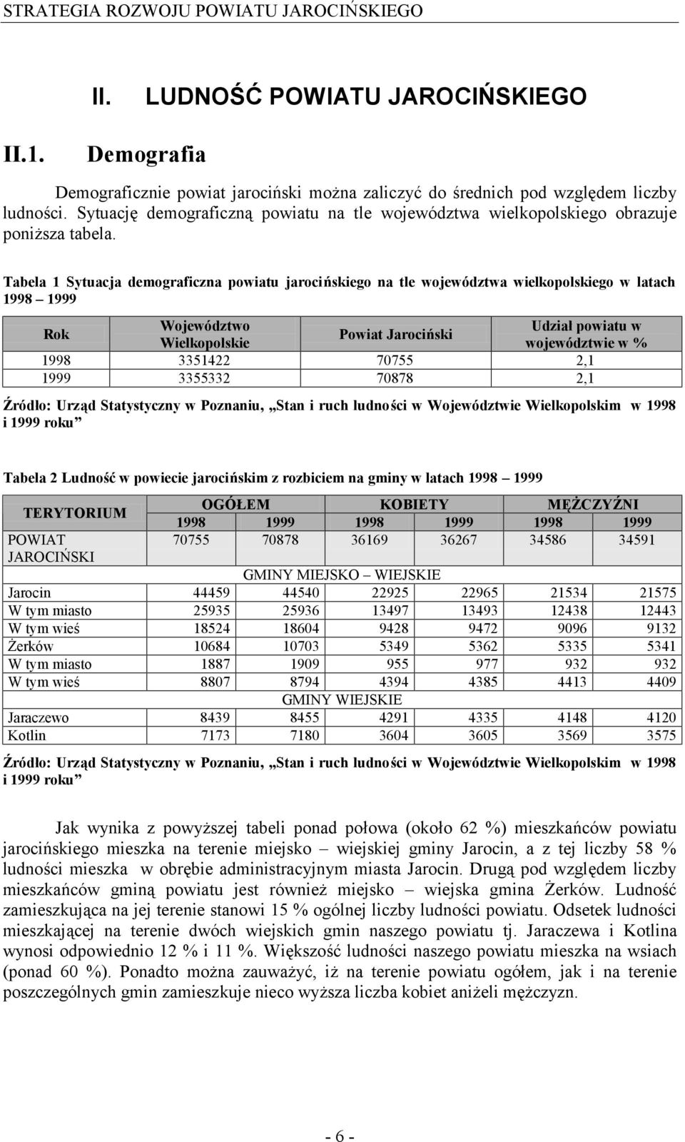 Tabela 1 Sytuacja demograficzna powiatu jarocińskiego na tle województwa wielkopolskiego w latach 1998 1999 Rok Województwo Udział powiatu w Powiat Jarociński Wielkopolskie województwie w % 1998