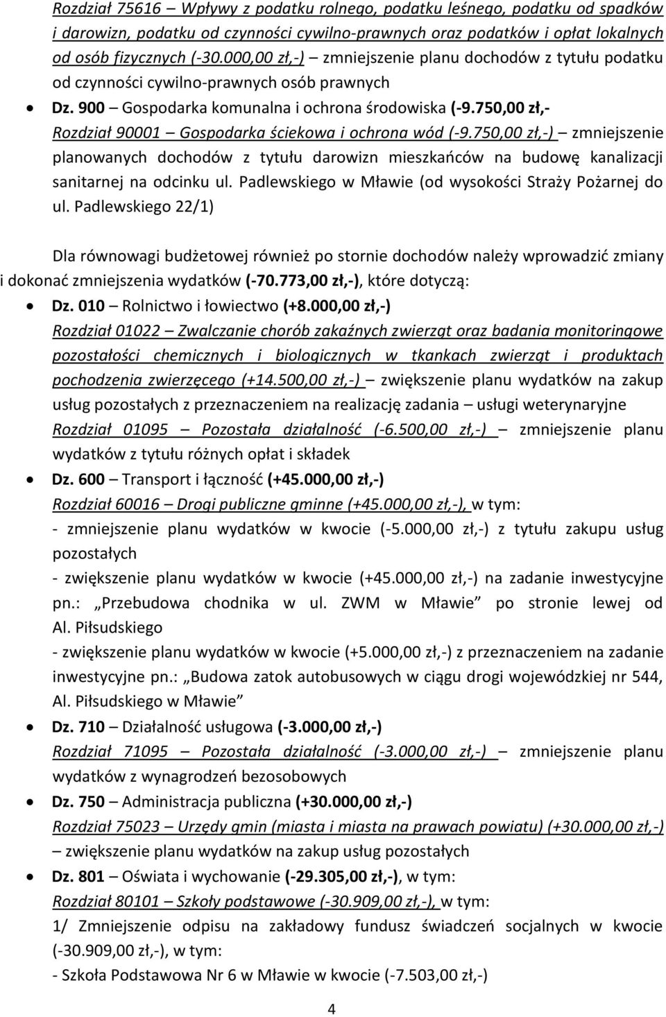 750,00 zł,- Rozdział 90001 Gospodarka ściekowa i ochrona wód (-9.750,00 zł,-) zmniejszenie planowanych dochodów z tytułu darowizn mieszkaoców na budowę kanalizacji sanitarnej na odcinku ul.