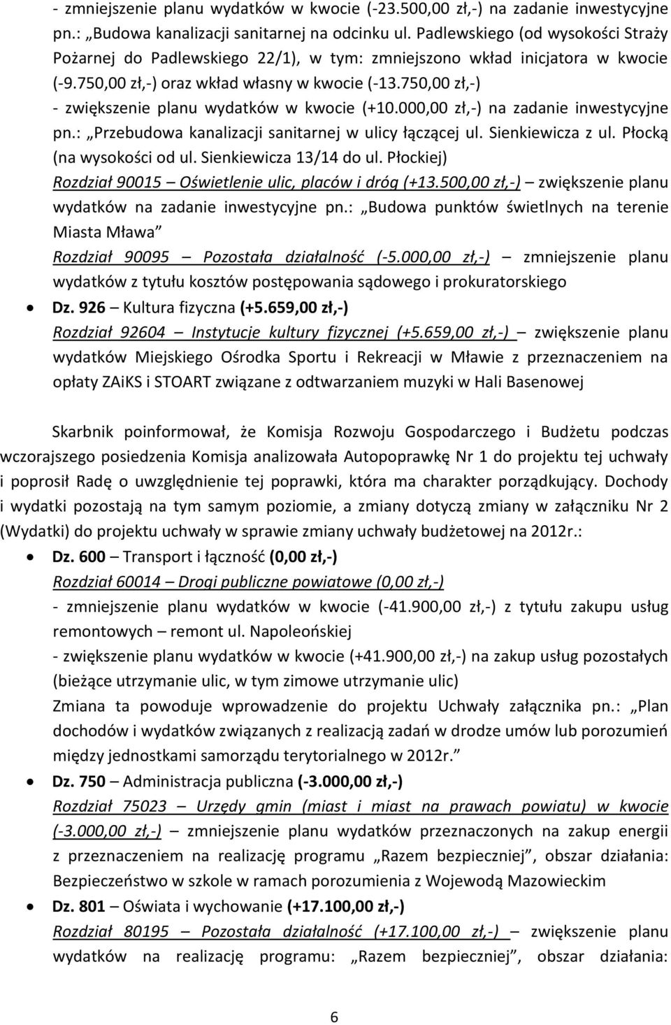 750,00 zł,-) - zwiększenie planu wydatków w kwocie (+10.000,00 zł,-) na zadanie inwestycyjne pn.: Przebudowa kanalizacji sanitarnej w ulicy łączącej ul. Sienkiewicza z ul. Płocką (na wysokości od ul.