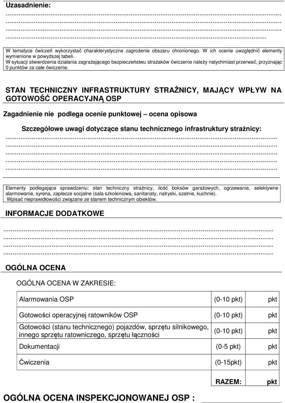 STAN TECHNICZNY INFRASTRUKTURY STRAŻNICY, MAJĄCY WPŁYW NA GOTOWOŚĆ OPERACYJNĄ OSP Zagadnienie nie podlega ocenie punktowej ocena opisowa Szczegółowe uwagi dotyczące stanu technicznego infrastruktury