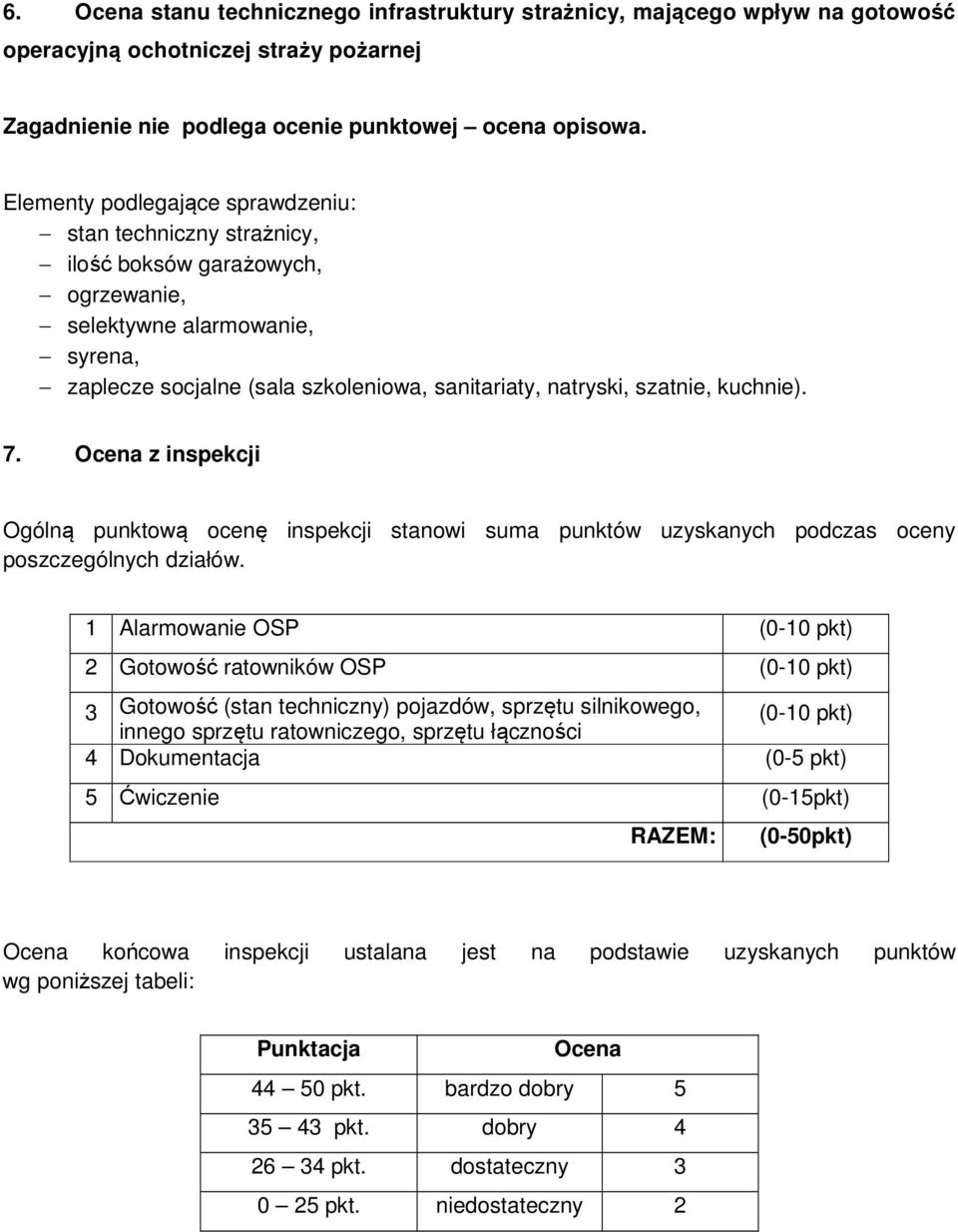 kuchnie). 7. Ocena z inspekcji Ogólną punktową ocenę inspekcji stanowi suma punktów uzyskanych podczas oceny poszczególnych działów.