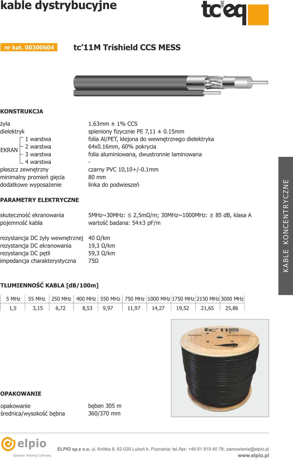 skuteczność ekranowania pojemność kabla rezystancja DC żyły wewnętrznej rezystancja DC ekranowania rezystancja DC pętli impedancja charakterystyczna 1.63mm ± 1% CCS spieniony fizycznie PE 7,11 ± 0.