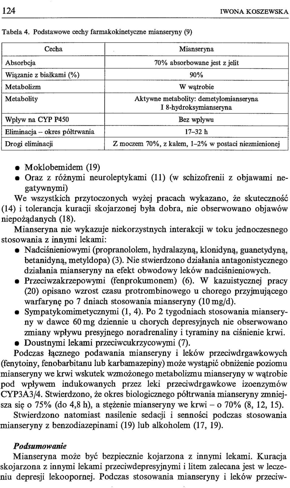 półtrwania W wątrobie Aktywne metabolity: demetylomianseryna I 8-hydroksymianseryna Bez wpływu 17-32 h Drogi eliminacji Z moczem 70%, z kałem, 1-2% w postaci niezmienionej Moklobemidem (19) Oraz z