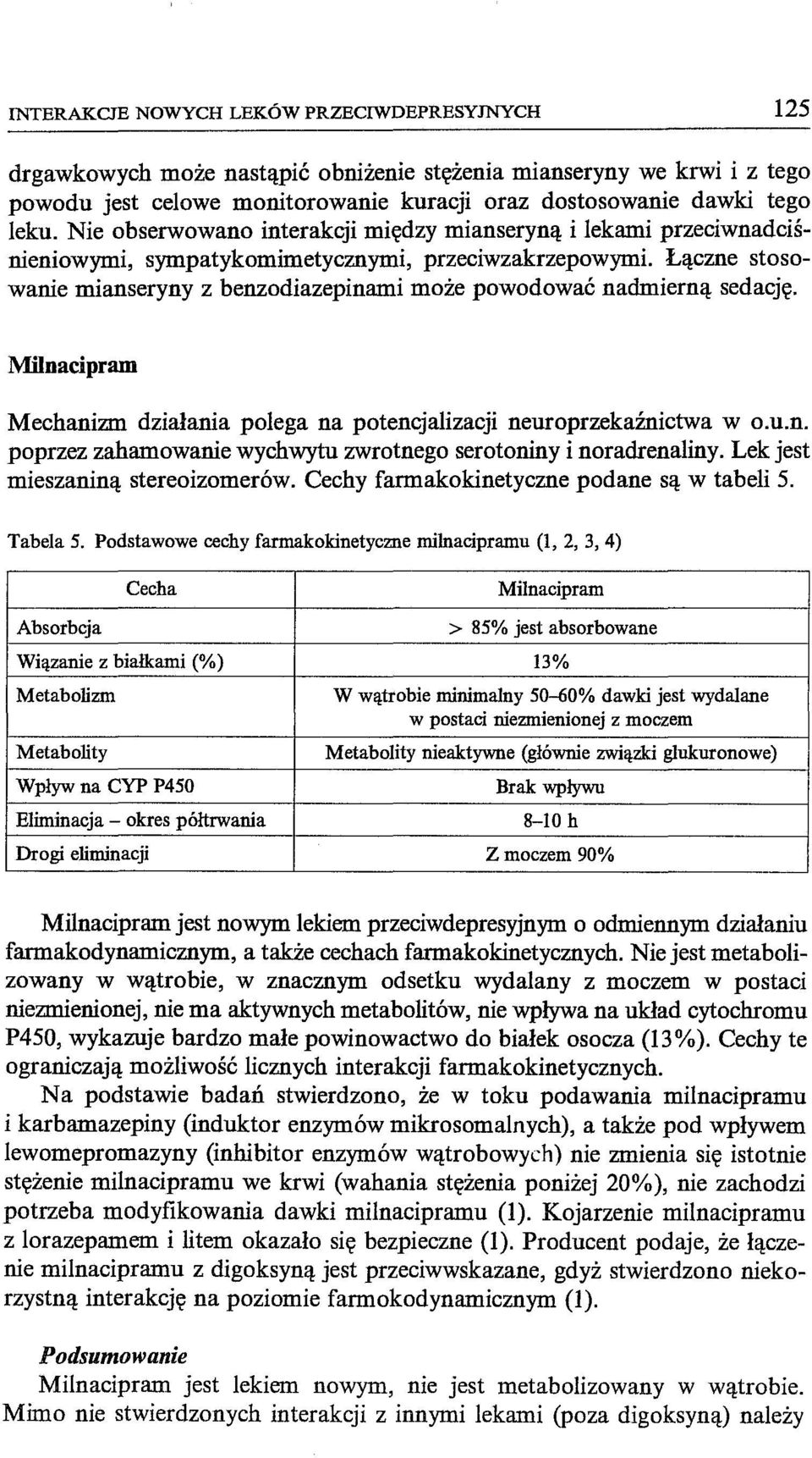 Łączne stosowanie mianseryny z benzodiazepinami może powodować nadmierną sedację. Milnacipram Mechanizm działania polega na potencjalizacji neuroprzekaźllictwa w o.u.n. poprzez zahamowanie wychwytu zwrotnego serotoniny i noradrenaliny.