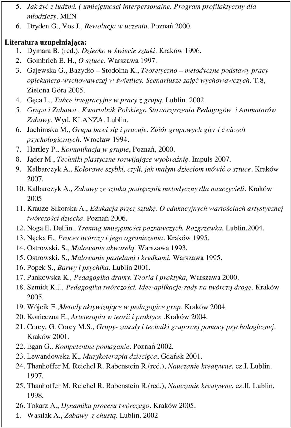 Scenariusze zajęć wychowawczych. T.8, Zielona Góra 2005. 4. Gęca L., Tańce integracyjne w pracy z grupą. Lublin. 2002. 5. Grupa i Zabawa.