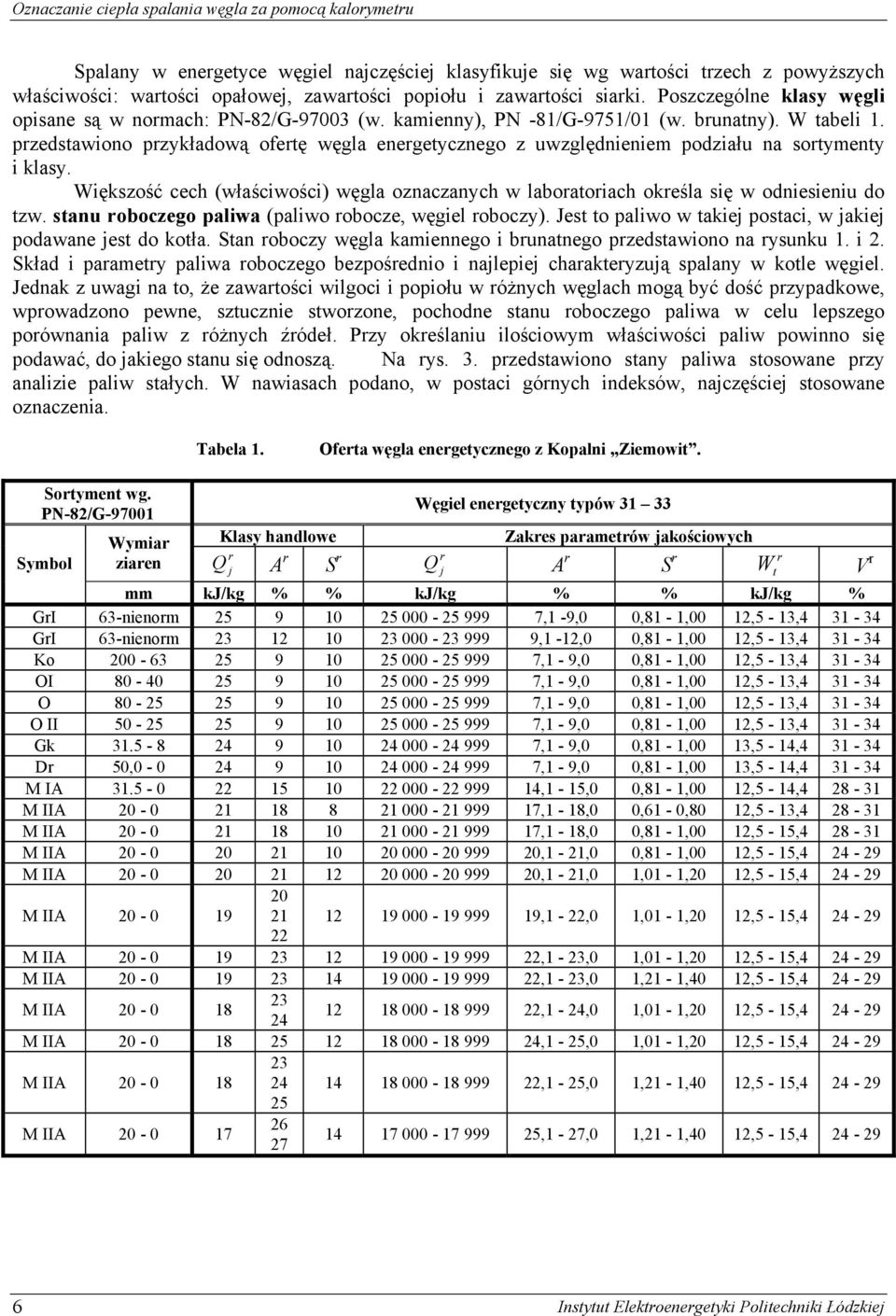 pzedsawiono pzykładową ofeę węgla enegeycznego z uwzględnieniem podziału na soymeny i klasy. Większość cech (właściwości) węgla oznaczanych w laboaoiach okeśla się w odniesieniu do zw.