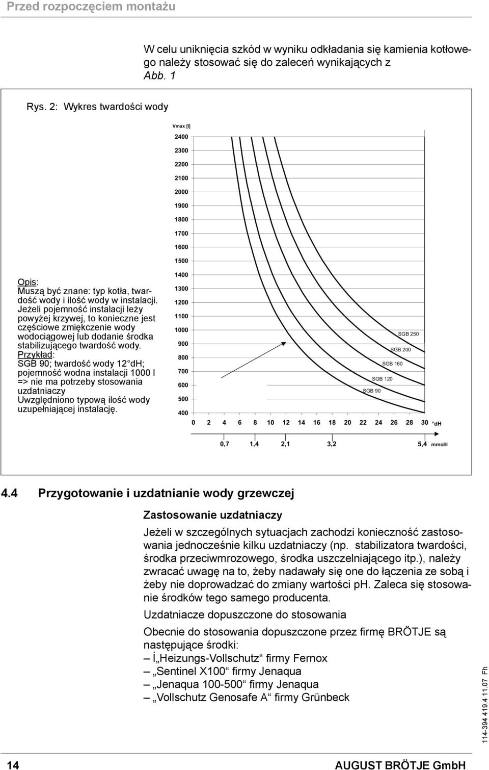 Jeżeli pojemność instalacji leży powyżej krzywej, to konieczne jest częściowe zmiękczenie wody wodociągowej lub dodanie środka stabilizującego twardość wody.