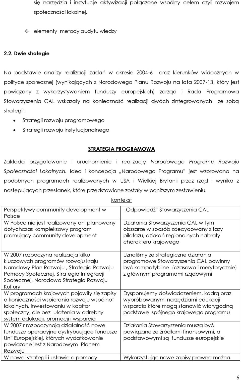 z wykorzystywaniem funduszy europejskich) zarząd i Rada Programowa Stowarzyszenia CAL wskazały na konieczność realizacji dwóch zintegrowanych ze sobą strategii: Strategii rozwoju programowego