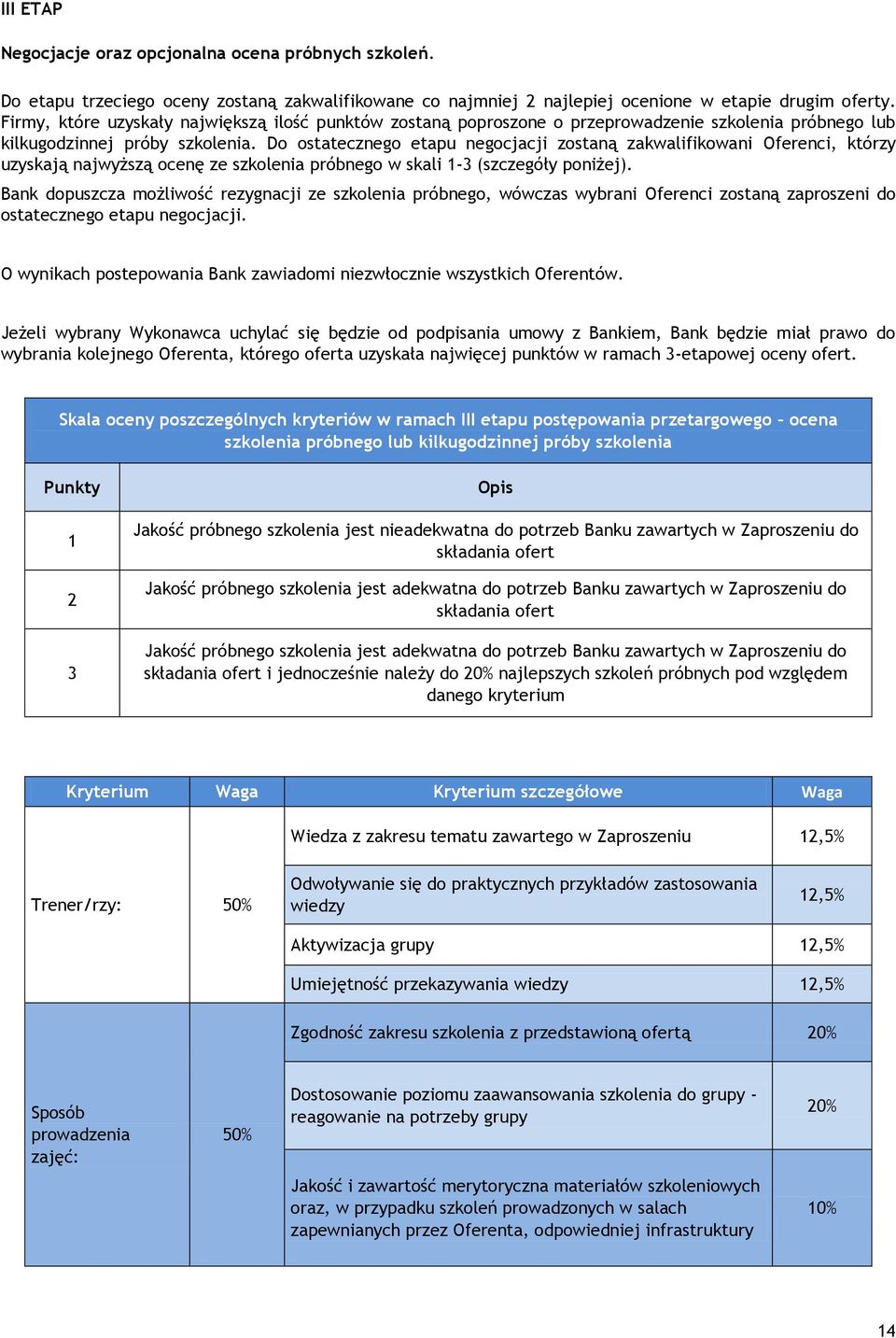 Do ostatecznego etapu negocjacji zostaną zakwalifikowani Oferenci, którzy uzyskają najwyższą ocenę ze szkolenia próbnego w skali 1-3 (szczegóły poniżej).