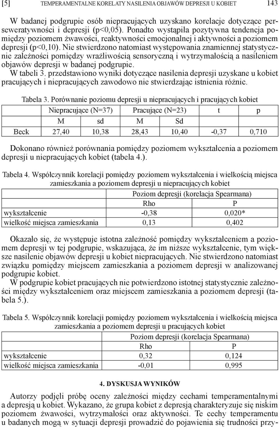 Nie stwierdzono natomiast występowania znamiennej statystycznie zależności pomiędzy wrażliwością sensoryczną i wytrzymałością a nasileniem objawów depresji w badanej podgrupie. W tabeli 3.