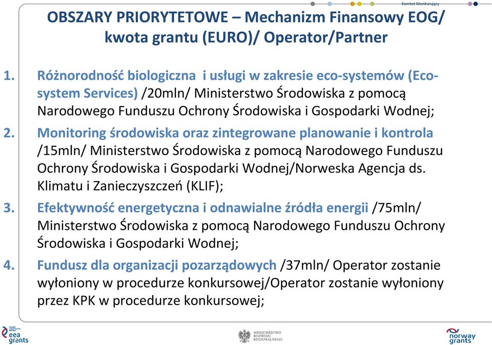 Monitoring środowiska oraz zintegrowane planowanie i kontrola /15mln/Ministerstwo Środowiska z pomocąnarodowego Funduszu Ochrony Środowiska i Gospodarki Wodnej/Norweska Agencja ds.