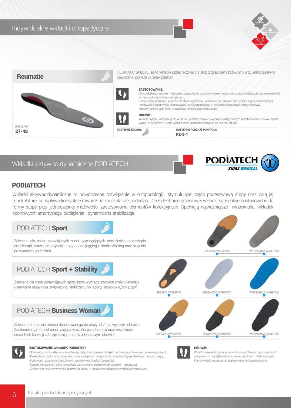 zastosowanie korekcji (podparcia), z uwzględnieniem potrzeb stopy wrażliwej, -Zespoły bólowe stóp, kolan, kręgosłupa: korekcja ustawienia stopy.