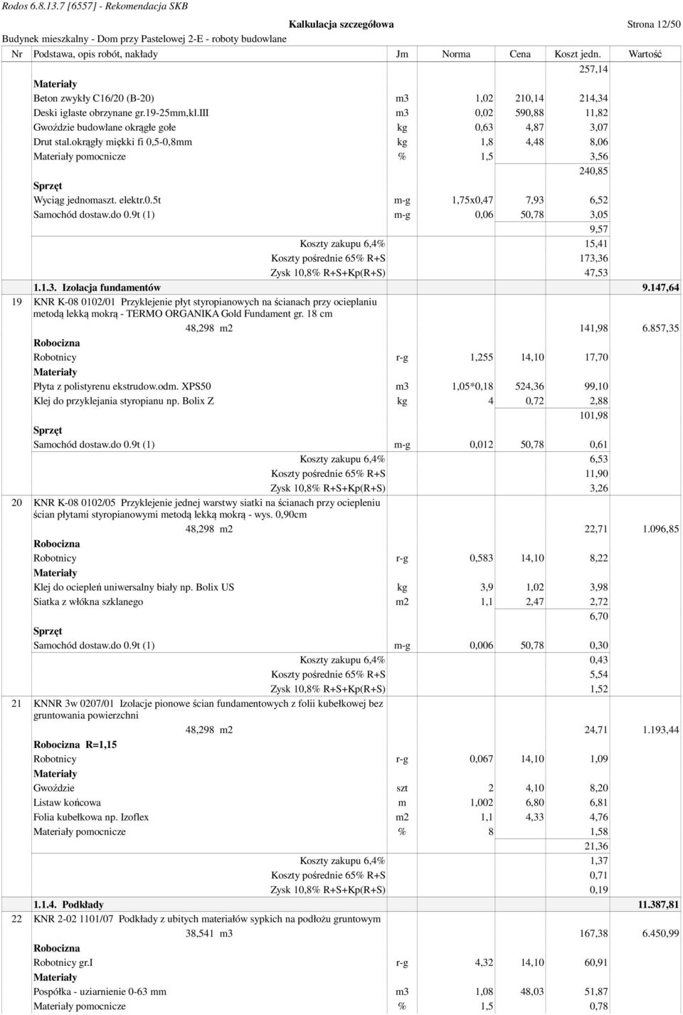 do 0.9t (1) m-g 0,06 50,78 3,05 9,57 Koszty zakupu 6,4% 15,41 Koszty pośrednie 65% R+S 173,36 Zysk 10,8% R+S+Kp(R+S) 47,53 1.1.3. Izolacja fundamentów 9.