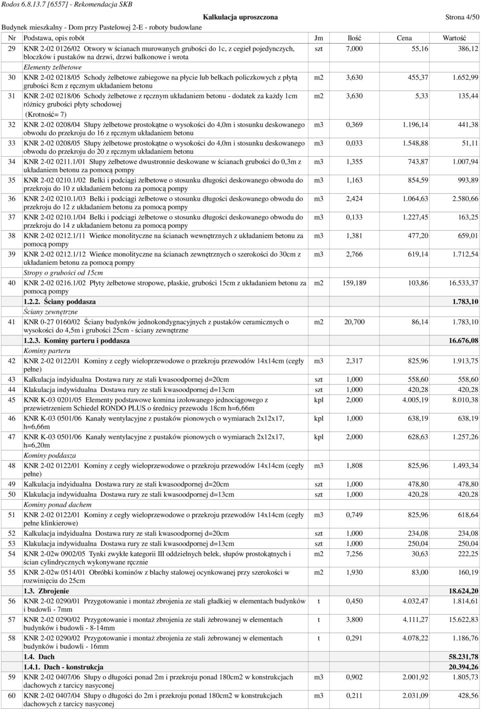 652,99 grubości 8cm z ręcznym układaniem betonu 31 KNR 2-02 0218/06 Schody żelbetowe z ręcznym układaniem betonu - dodatek za każdy 1cm m2 3,630 5,33 135,44 różnicy grubości płyty schodowej