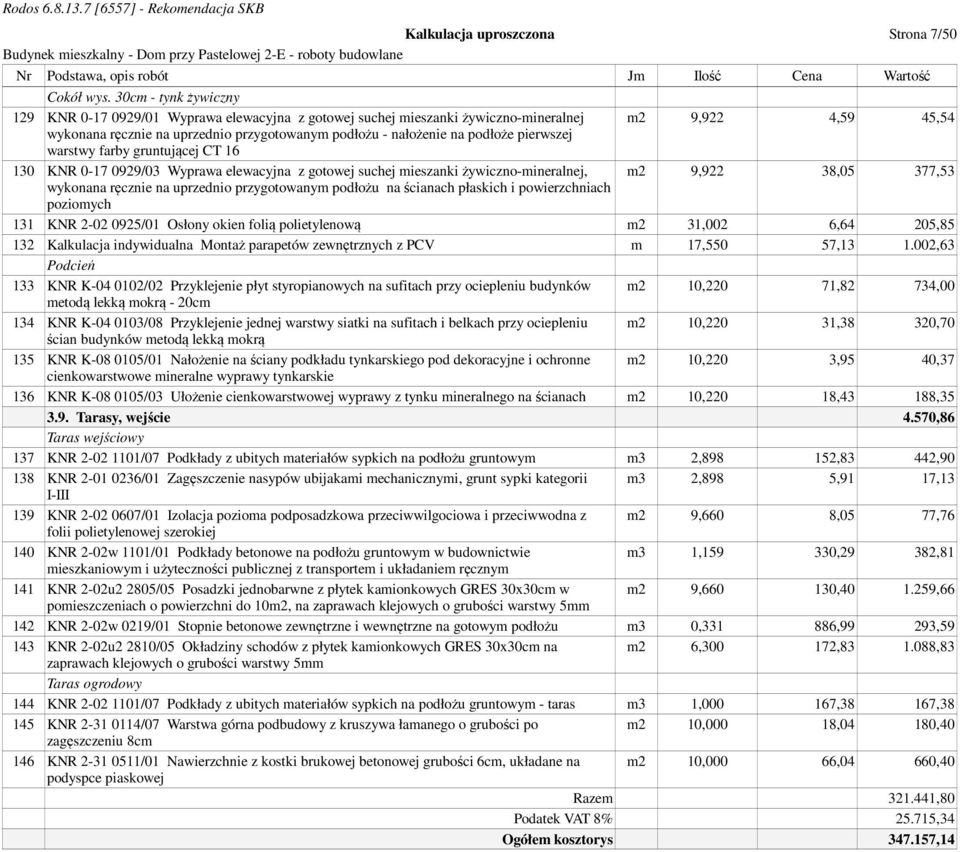 podłoże pierwszej warstwy farby gruntującej CT 16 130 KNR 0-17 0929/03 Wyprawa elewacyjna z gotowej suchej mieszanki żywiczno-mineralnej, m2 9,922 38,05 377,53 wykonana ręcznie na uprzednio