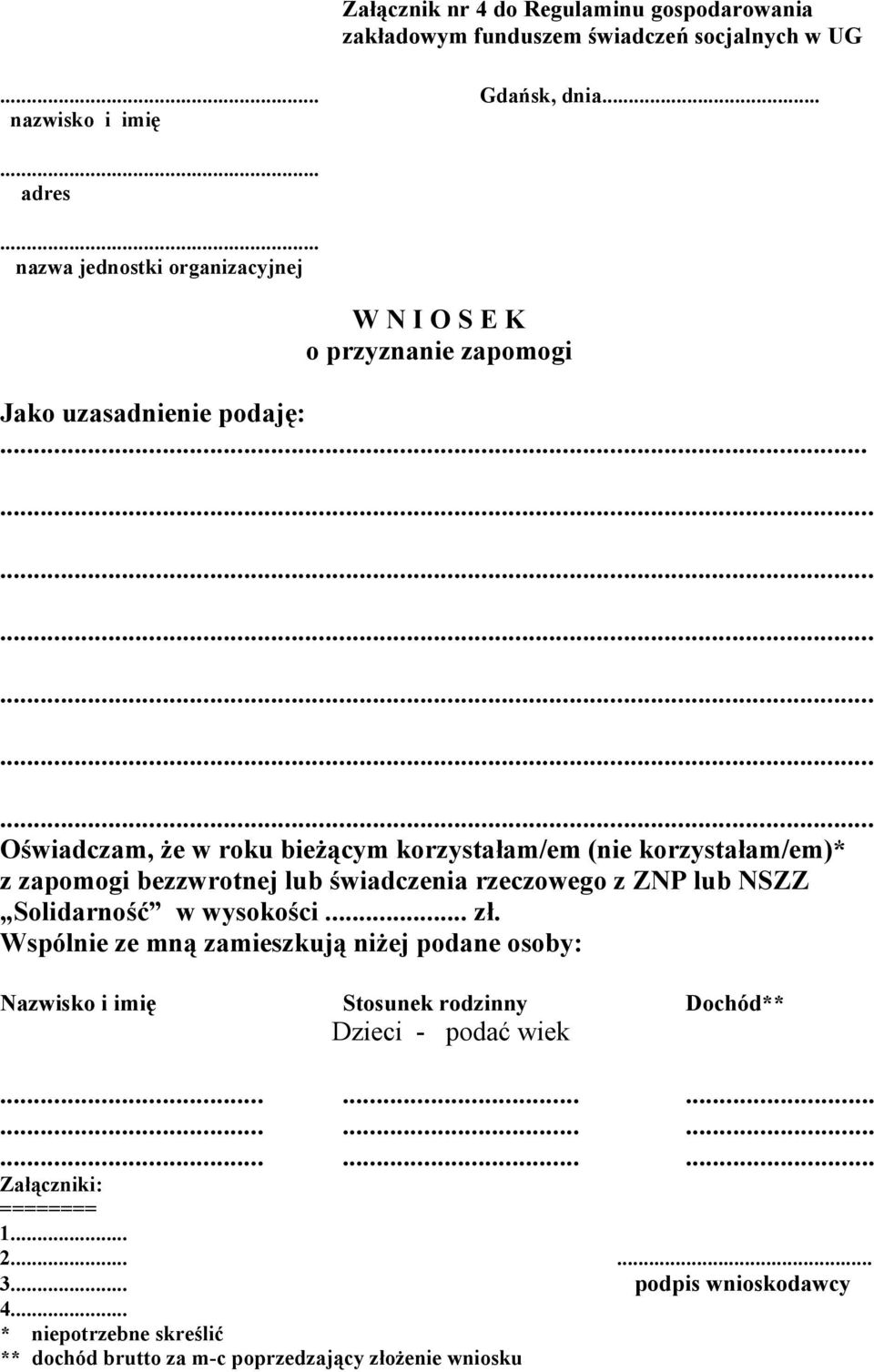 .................... Oświadczam, że w roku bieżącym korzystałam/em (nie korzystałam/em)* z zapomogi bezzwrotnej lub świadczenia rzeczowego z ZNP lub NSZZ Solidarność w wysokości.