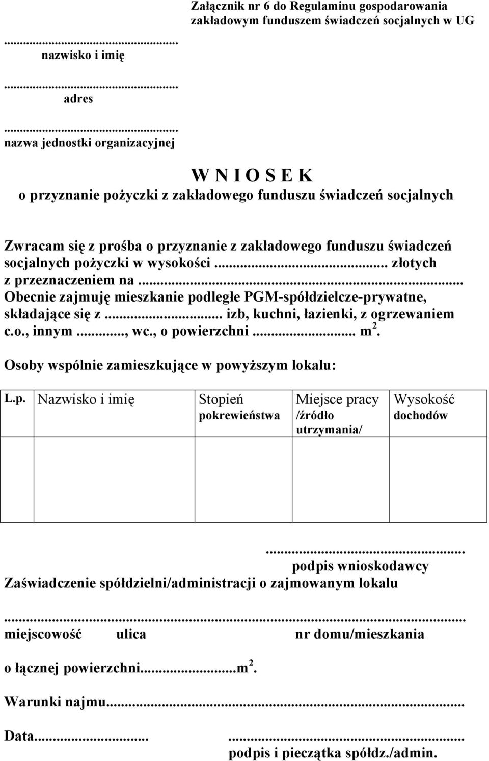 pożyczki w wysokości... złotych z przeznaczeniem na... Obecnie zajmuję mieszkanie podległe PGM-spółdzielcze-prywatne, składające się z... izb, kuchni, łazienki, z ogrzewaniem c.o., innym..., wc.