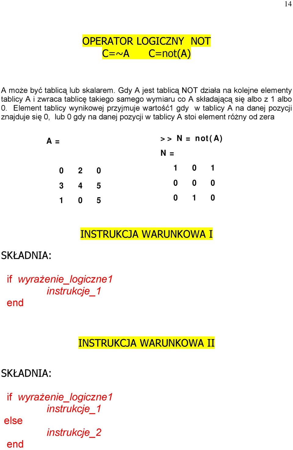 Element tablicy wynikowej przyjmuje wartość1 gdy w tablicy A na danej pozycji znajduje się 0, lub 0 gdy na danej pozycji w tablicy A stoi element