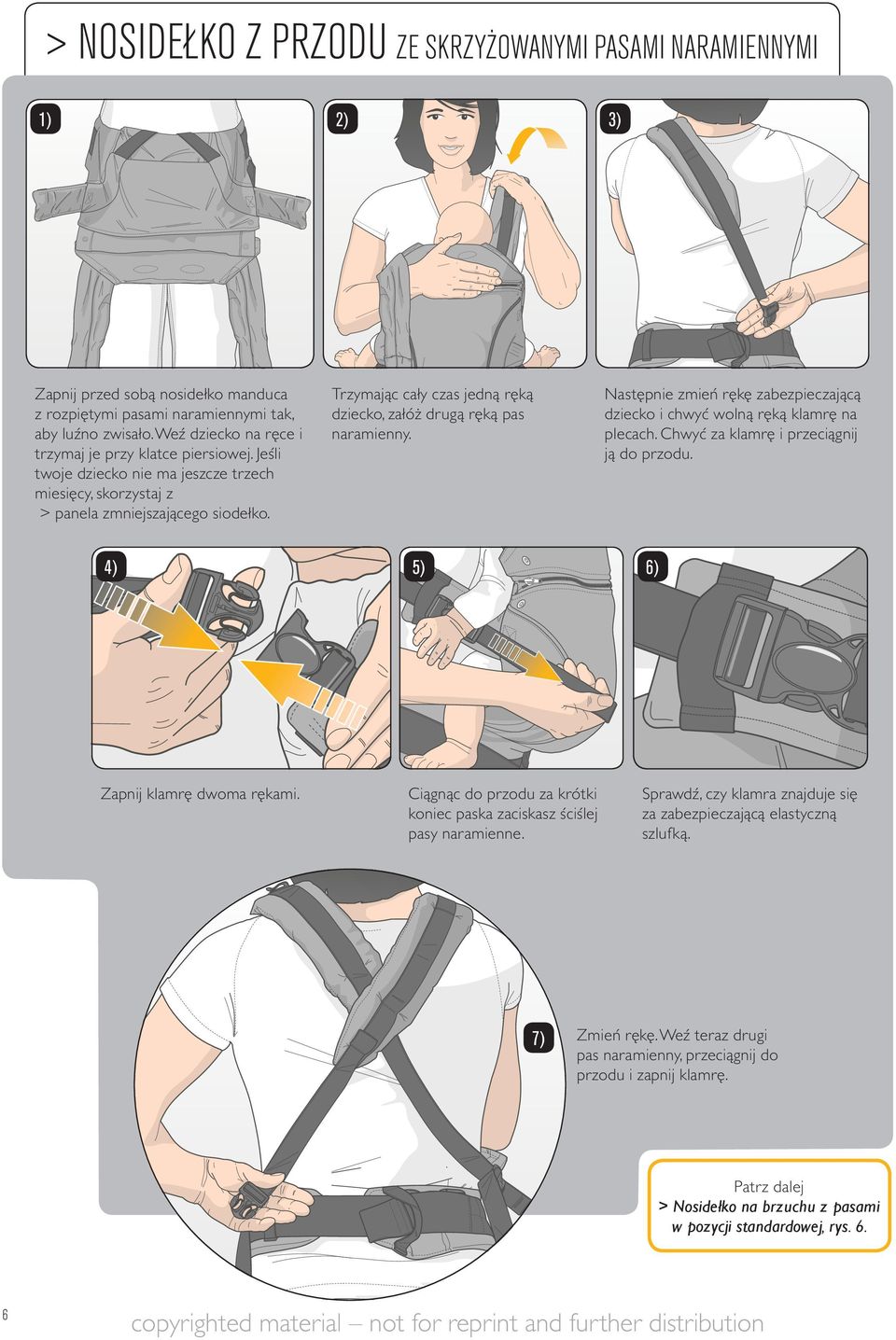 Trzymając cały czas jedną ręką dziecko, załóż drugą ręką pas naramienny. Następnie zmień rękę zabezpieczającą dziecko i chwyć wolną ręką klamrę na plecach. Chwyć za klamrę i przeciągnij ją do przodu.