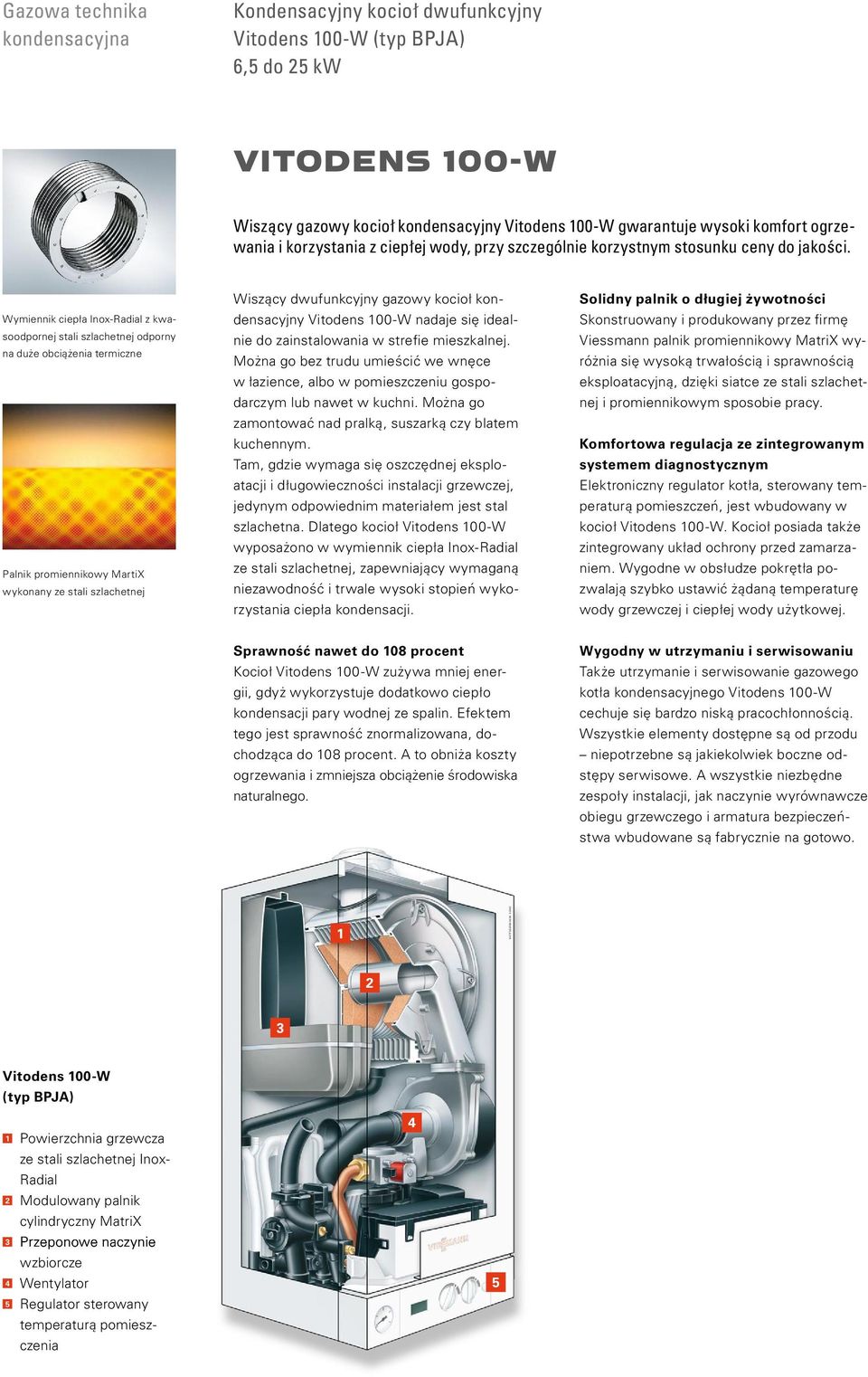 Wymiennik ciepła Inox-Radial z kwasoodpornej stali szlachetnej odporny na duże obciążenia termiczne Palnik promiennikowy MartiX wykonany ze stali szlachetnej Wiszący dwufunkcyjny gazowy kocioł