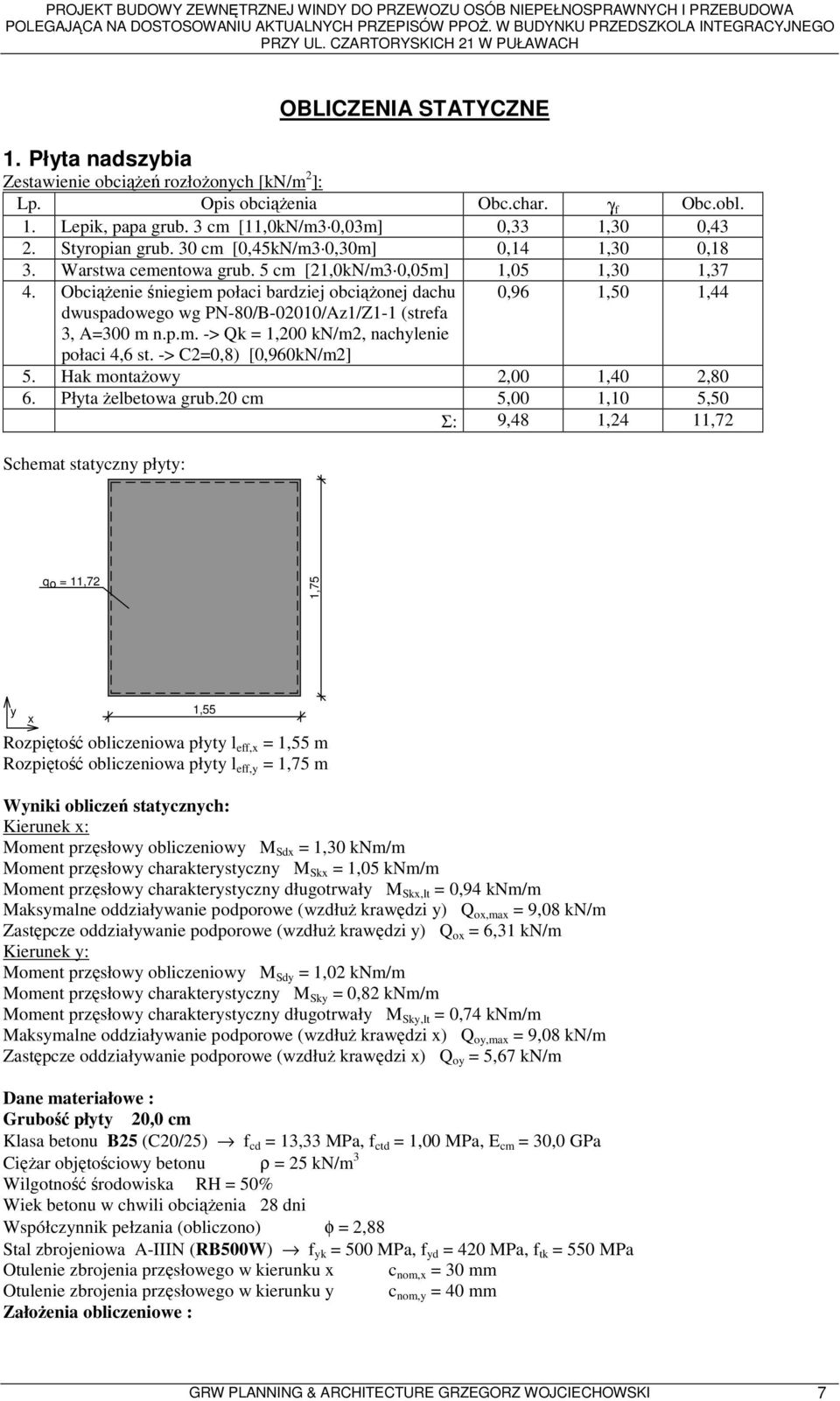 ObciąŜenie śniegiem połaci bardziej obciąŝonej dachu dwuspadowego wg PN-80/B-02010/Az1/Z1-1 (strefa 3, A=300 m n.p.m. -> Qk = 1,200 kn/m2, nachylenie połaci 4,6 st.