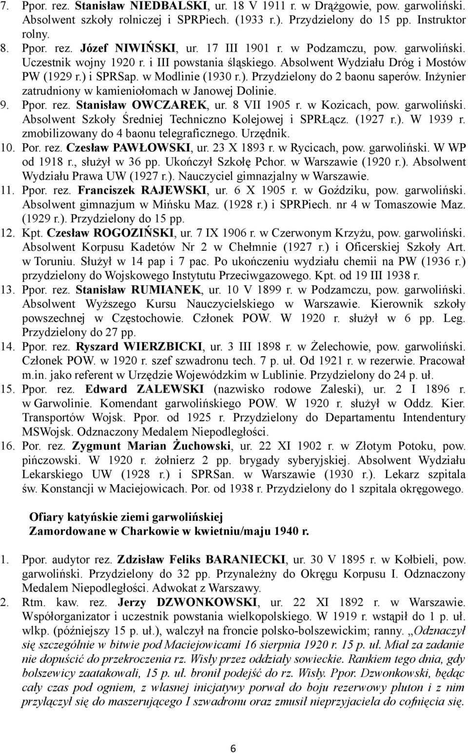 ) i SPRSap. w Modlinie (1930 r.). Przydzielony do 2 baonu saperów. Inżynier zatrudniony w kamieniołomach w Janowej Dolinie. Ppor. rez. Stanisław OWCZAREK, ur. 8 VII 1905 r. w Kozicach, pow.