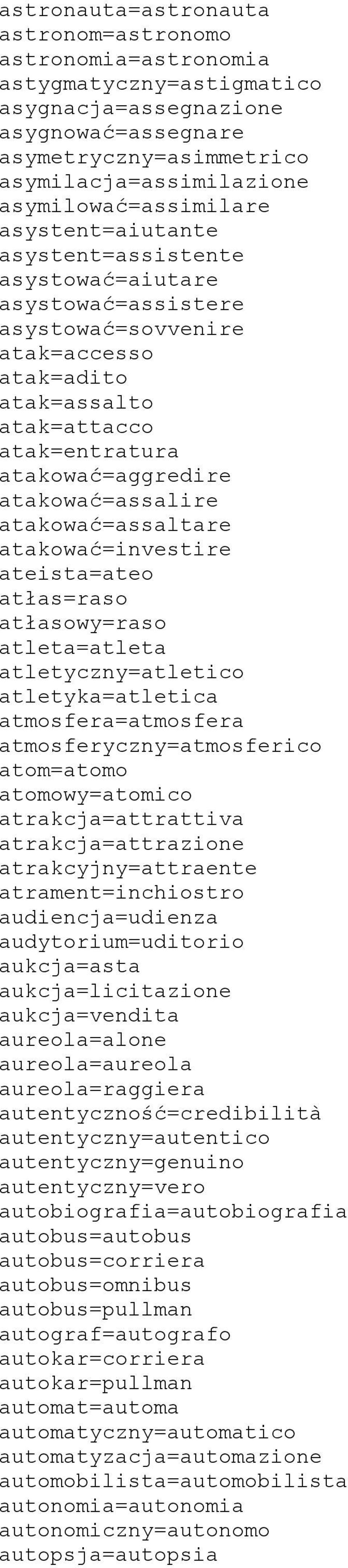 atakować=aggredire atakować=assalire atakować=assaltare atakować=investire ateista=ateo atłas=raso atłasowy=raso atleta=atleta atletyczny=atletico atletyka=atletica atmosfera=atmosfera